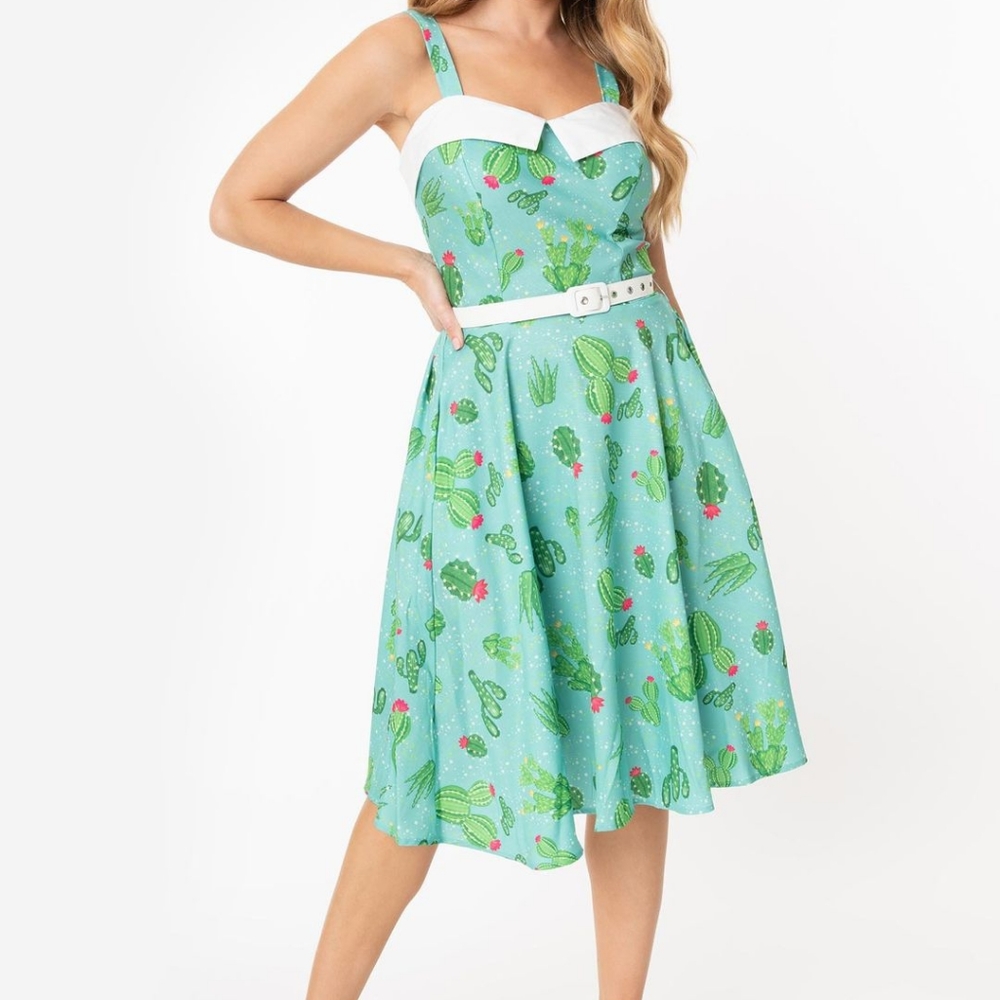 Unique Vintage Mint & Green Cactus Swing Dress